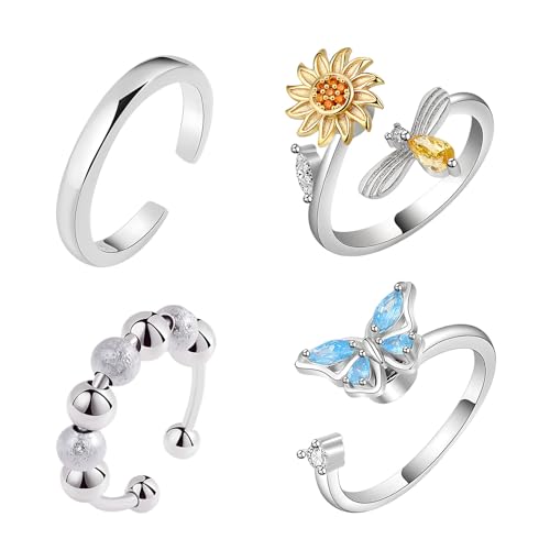 4 Pcs Rings, White Gold Adjustable Sunflower Bee Spinner Rings with Snowflake Design, Alloy Zircon Rotatable Rings for Women, Romantic Jewelry with Distinctive Style, for Daily Wear