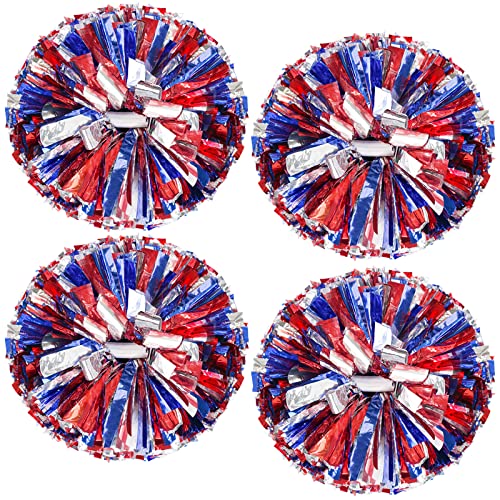 4Pcs Upgraded 12inch Metallic Cheerleading Pom Poms, HOLENGS Cheerleader Pompoms Cheer Poms for Kids Adults, Cheering Squad Pompoms for School Sports Games Dance Party (Blue and Red and Sliver)