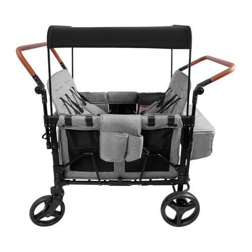 4 Seater Wagon Stroller for Kids, Push&Pull Collapsible Wagon Stroller w/Removable Canopy, 5-Point Harness & Convertible Seats, Face to Face High Seat for Toddlers Beach Park Outdoor (Grey and Black)