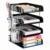 4 Tier Acrylic Desk Organizer Paper Tray with Pegboard & Pen Holder, Black