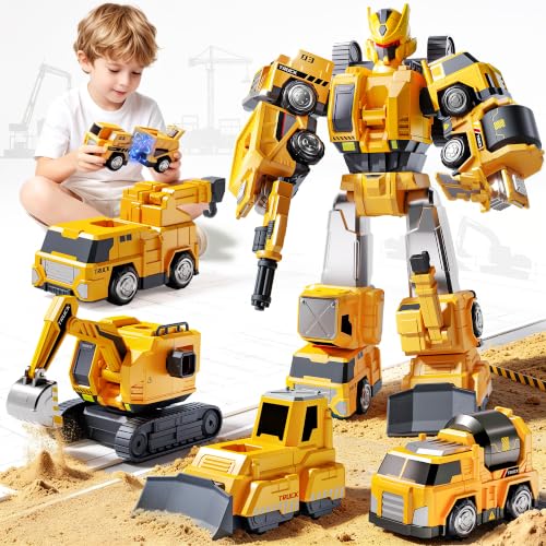 5-in-1 Construction Truck for Toddler 2-4 Years, Dump Excavator Truck Toys for Boys 3-5 4-7 Year Old, Easy DIY Magnetic Assembly, Truck Toys for 3 4 5 6 Year Old Boys, STEM Robot Toys for Kids 3-5