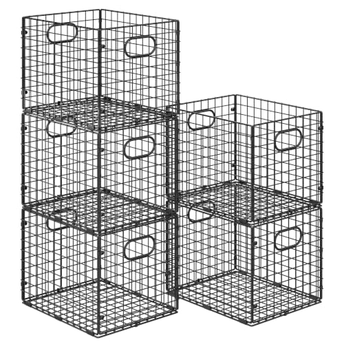 5-Pack Metal Milk Crate for Storage, Large 40qt Stackable Collapsible Storage Bins with Handle, Heavy Duty Storage Baskets for Shelves, Folding Basket Organizer for Car, Garage, Home, Camping, Office