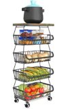 5-Tier Rolling Pantry Floor Organizer with Wheel Stackable Fruit Vegetable Storage Cart Metal Wire Pantry Basket with Tabletop Kitchen Fruit Basket Stand Vegetable Storage Rack for Snack Onion Potato