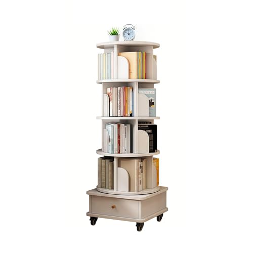 5-Tier Rotating Bookshelf with 360° Display – Round Spinning Book Tower with Wheels & Drawer, Space-Saving Organizer for Bedroom, Office, Display Bookshelf, Rotating Bookcase, Warm White