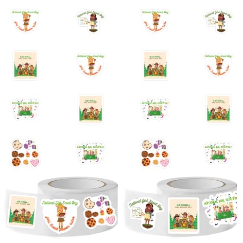 500pcs Girl Scout Stickers Rolls Self Adhesive Seals, Cookie Cute Cartoon Aesthetic 1.5 Inch Labels with 8 Patterns Decal for Scrapbooking Cards Envelopes Water Bottles,for Birthday Party Supply Decor