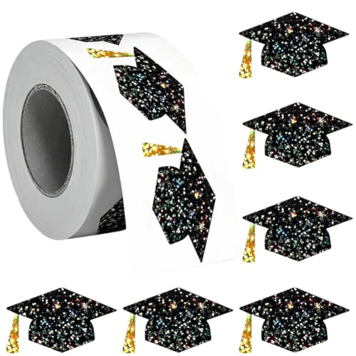 500Pcs Graduation Cap Stickers Roll 1in Holographic Grad Hat Paper Decal Grad Cap Black Gold Sparkly Envelope Seal Stickers for College High School Graduate Congrats Grads Gift Tags Supplies
