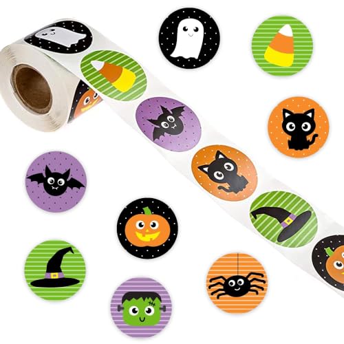 500 PCS Halloween Stickers Roll 1in Halloween Pumpkin Bat Spooky Sticker 8 Designs Round Seal Label Stickers Envelope Seals Paster for Gift Tags Crafts Envelope Scrapbook Deco Rations
