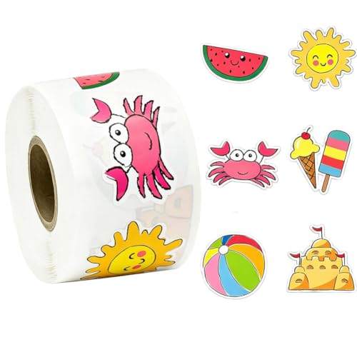 500 Pcs Summer Stickers Roll 1in Sandy Beach Theme Self Adhesive Waterproof Cartoon Sticker Tags for Water Skateboard Laptop Bike Phone Case Suitcase Scrapbook Journal Envelope DIY Craft Decals
