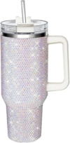 40oz Tumbler with Handle and Straw, Glitter Rhinestones Tumbler Bling Cups | Insulated Leak Proof Stainless Steel Water Bottle Diamond Studded Travel Tumbler-Birthday Gifts for Women, Mom, Girls(White)