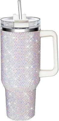 40oz Tumbler with Handle and Straw, Glitter Rhinestones Tumbler Bling Cups | Insulated Leak Proof Stainless Steel Water Bottle Diamond Studded Travel Tumbler-Birthday Gifts for Women, Mom, Girls(White)