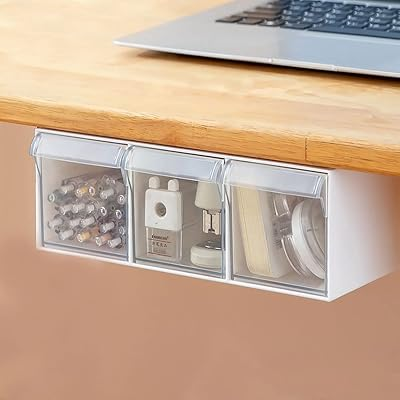 Under Desk Drawer Storage, Self-Adhesive Slide Out Organizer | Pen Holder Organizer with 3 drawers, Desk Drawer Attachment for office, Plastic Desk Accessories & Workspace Organizers White
