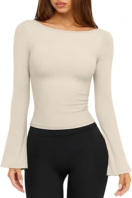 LASLULU Womens Bell Long Sleeve Workout Top