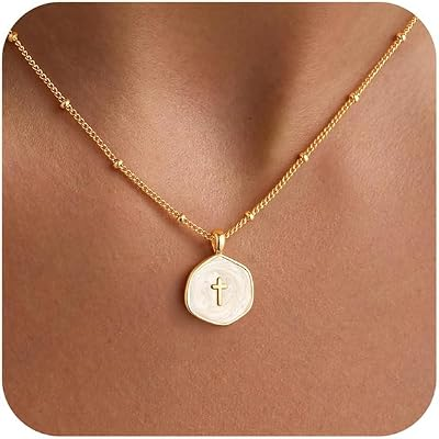 M MOOHAM Dainty 14K Gold Plated Enamel Mini Cross Necklace