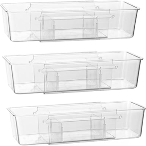 Hemompito Expandable Desk Drawer Organizer Bins with Removable Dividers, Clear & Durable BPA-Free PET Plastic, for Vanity, Kitchen, Bathroom, Office, and Bedroom Storage, 3-Pack