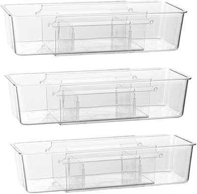 Hemompito Expandable Desk Drawer Organizer Bins with Removable Dividers, Clear & Durable BPA-Free PET Plastic, for Vanity, Kitchen, Bathroom, Office, and Bedroom Storage, 3-Pack