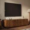 58" TV Stand, Walnut Mid Century Console With Wave Doors & 2 Drawers