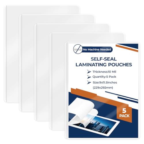 5 Pack 10 Mil 9"x12" Self Sealing Laminating Pouches Self Adhesive Lamination Pouches Clear Laminate Sheets for Office School Home (No Heat Laminating Sheets & No Laminator Machine Need)