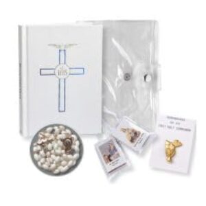 5pc. Girls White Blessed Trinity Missal with New Mass Gold and Blue Stamped Cover - P65