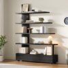 5 Tier Asymmetrical Bookshelf with Storage Drawer, Freestanding Staggered Open Bookcase, Wood Display Standing Shelf Unit, Modern Tall Ladder Book Shelf Organizer for Living Room, Home Office, Black