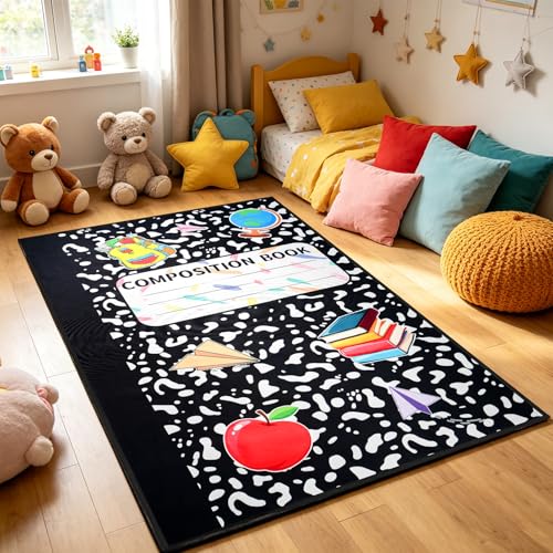 5 x 7.6 ft Large Classroom Rug Composition Notebook Carpets Soft Fluffy Pastel Play Carpet Educational Area Rug Back to School Non-Slip Learning Floor Mat Washable for Nursery Playroom Reading Corner