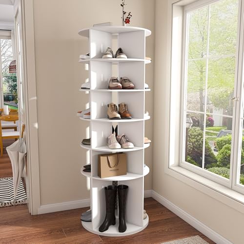 6-Tier Rotating Shoe Rack Tower, 360° Spinning Shoe Organizer for 24 Pairs, Freestanding Revolving Storage Rack, White Spinning Organizer, Display Storage Rack, for Corners, Closets