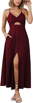 BTFBM Women 2026 Spaghetti Strap Midi Summer Dresses,Wine Red,S