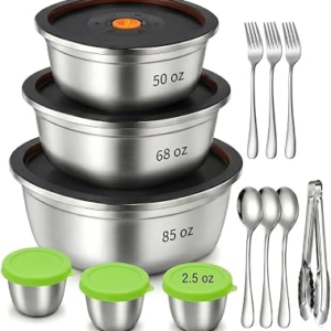13 Pack Stainless Steel Salad Bowls Set with Lids Dressing Cups | 85/68/50oz Salad Containers, Includes 3 Dressing Cups, Forks, Spoons & 1 Tong – Dishwasher Safe Salad Bowls to Go for Lunch