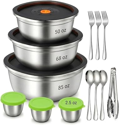 13 Pack Stainless Steel Salad Bowls Set with Lids Dressing Cups | 85/68/50oz Salad Containers, Includes 3 Dressing Cups, Forks, Spoons & 1 Tong - Dishwasher Safe Salad Bowls to Go for Lunch