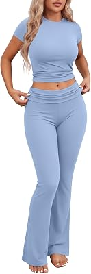Ekouaer Womens Pajama Set Short Sleeve Crop Top Foldover Flare Pants | Soft Comfy Stretchy, Summer Wear Fall Layer, High Waist Fold Waistband For Loungewear Yoga Daily Casual Wear