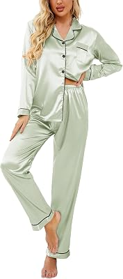EKOUAER Womens Long Satin Silk Pajama Set