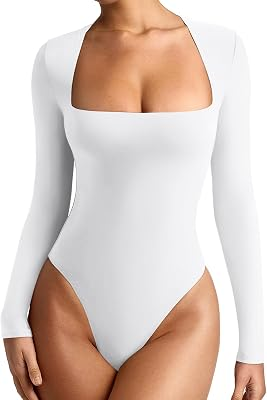 REORIA Womens Square Neck Long Sleeve Bodysuit
