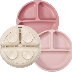 PandaEar 3 Pack Toddler Plates, Silicone Divided Suction Plate for Babies, BPA-Free 100% Food-Grade Silicone Unbreakable Baby Plate (Pink/Linen/Light Pink)
