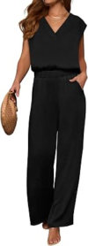 ANRABESS Women Summer 2 Piece Outfits V-Neck Top and Wide Leg Pants Set