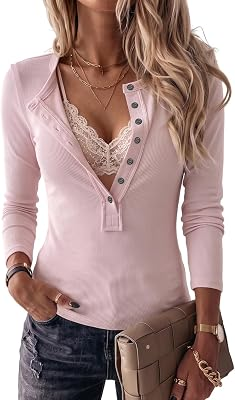 CHICME Womens Long Sleeve Henley Tops