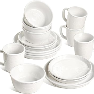 LE TAUCI Dinnerware Sets with Mugs for 4, Stoneware Plates and Bowls Set, Stackable, Microwave & Dishwasher Safe Ceramic Dishes, 16-Piece, White (10″ Dinner & 8″ Salad Plates, 6″ Bowls, 18 oz Cups)