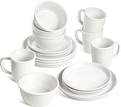 LE TAUCI Dinnerware Sets with Mugs for 4, Stoneware Plates and Bowls Set, Stackable, Microwave & Dishwasher Safe Ceramic Dishes, 16-Piece, White (10" Dinner & 8" Salad Plates, 6" Bowls, 18 oz Cups)