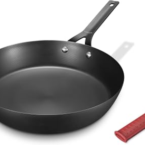 Carbon Steel Pan, 10 Inch Nonstick Frying Pan Skillet | Pre-Seasoned Carbon Steel Cookware with Removable Silicone Handle Holder, Indoor/Outdoor, Induction & Oven Safe
