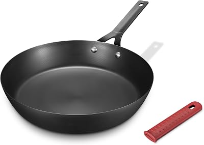 Carbon Steel Pan, 10 Inch Nonstick Frying Pan Skillet | Pre-Seasoned Carbon Steel Cookware with Removable Silicone Handle Holder, Indoor/Outdoor, Induction & Oven Safe