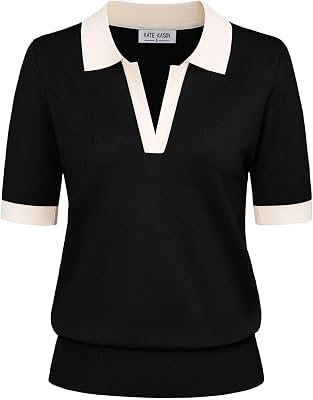 Kate Kasin Womens Short Sleeve Classic V Neck Collared Casual Polo Sweater Tops