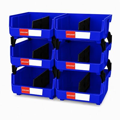 LEADLOONG 6 Pack Stackable Storage Bins Heavy Duty Parts Organizer Blue