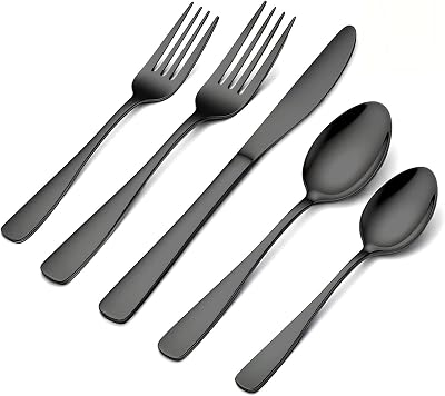BEWOS 20 Piece silverware set - Service for 4, Black Stainless Steel Silverware Set with Mirror Polishing, Including Knives, Forks and Spoons, Dishwasher Safe, Flatware Set Suitable for Home Kitchens