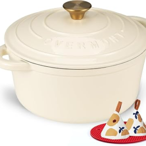 Overmont Enameled Cast Iron Dutch Oven – 4.5QT Pot with Lid Cookbook & Cotton Potholders – Heavy-Duty Cookware for Braising, Stews, Roasting, Sourdough Baking Cream White