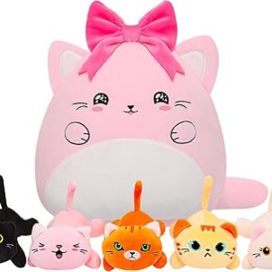 Cat with 5 babies Stuffed Animals – 15 Inch Cats Mommy with Small Babies Plush Inside 6-Piece Cute Realistic Cat Plushies Machine Wash Interactive Adopt Toy Toddler Girls Boys 0-8 Kids Birthdays Gift