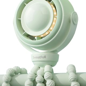 SWEETFULL Baby Stroller Fan, Safe Portable Fan, 15H Use, Nightlight – Green | Pinch-Proof Design; 4000mAh Rechargeable; Stable Mini Clip On Fan; 360° Adjustable; 4-Speed Quiet; LED Display; Car Seat Crib