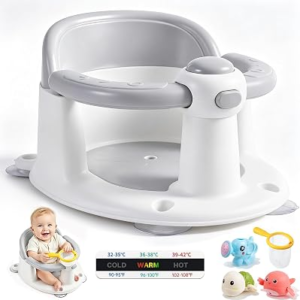 Baby Bath Seat for Babies 6 Months & Up, Temperature Alert Baby Bathtub Seat for Babies Sitting Up, Non-Slip Toddler Bath Chair, Ergonomic Backrest Infant & Newborn Bath Tub Seats with 3 Bath Toy Grey