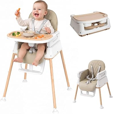 Baby High Chair for Babies and Toddlers, 3-in-1 Convertible Highchair with Built-in Leg Storage, Compact Pack-Away Design, Baby Eating Feeding Chair, Silla De Comer para Bebe, Beige