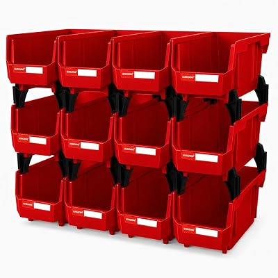 LEADLOONG 12 Pack Stackable Storage Bins Heavy Duty Parts Organizer Red