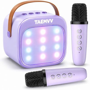 TAEMVV Mini Karaoke Machine for Kids with 2 Wireless Microphones, Purple | Karaoke Speaker, Bluetooth, Magic Voice Changer, LED Lights, Birthday Gift for Girls and Boys Ages 4-12