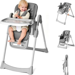 Tinyiota 4 in 1 High Chairs for Babies and Toddlers with Wheels, 8-Height Adjustable & 3-Position Recline, Easy Clean, Dishwasher Removable Tray, Foldable HighChair for Infant, Meets ASTM Safety, Grey