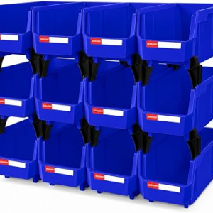 LEADLOONG 12 Pack Stackable Storage Bins Heavy Duty Parts Organizer Blue